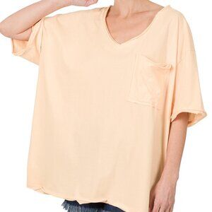 Zenana Small Oversized Front Pocket Raw Edge Boyfriend Jersey Tee Cream Peach